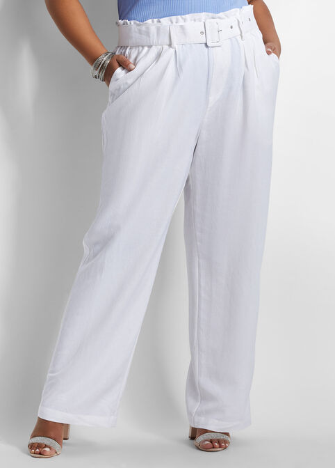 Belted Linen Hi Rise Wide-Leg Pant, White image number 0