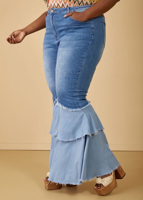 High Rise Ruffled Flared Jeans, Blue image number 2