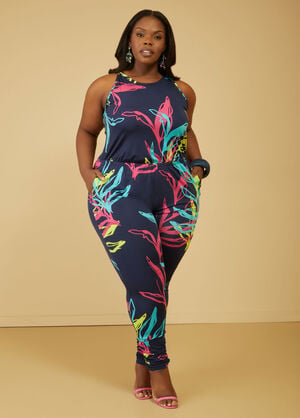 Printed Ruched Joggers Jumpsuit, Peacoat image number 0