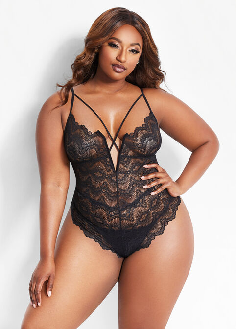 Plus Size Sexy Lingerie Scalloped Lace Plunge Crossover Neck Bodysuits image number 0