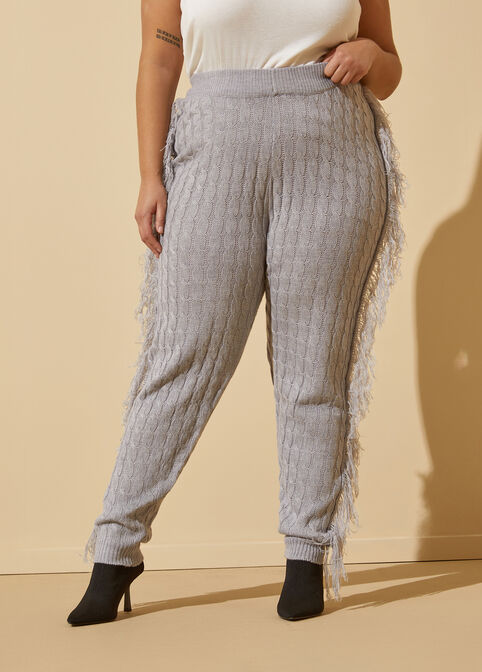 Fringed Cable Knit Joggers, Heather Grey image number 2