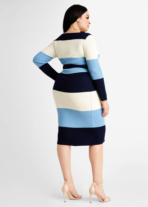Belted Stripe Button Sweater Dress, Navy image number 1