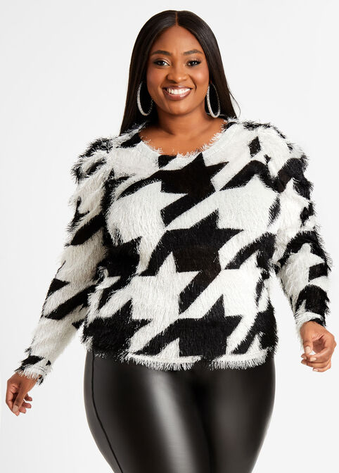 Houndstooth Puff Sleeve Top, Black White image number 0