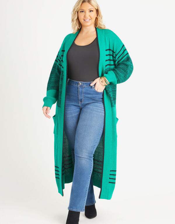 Striped Open Front Cardigan, Pepper Green image number 0