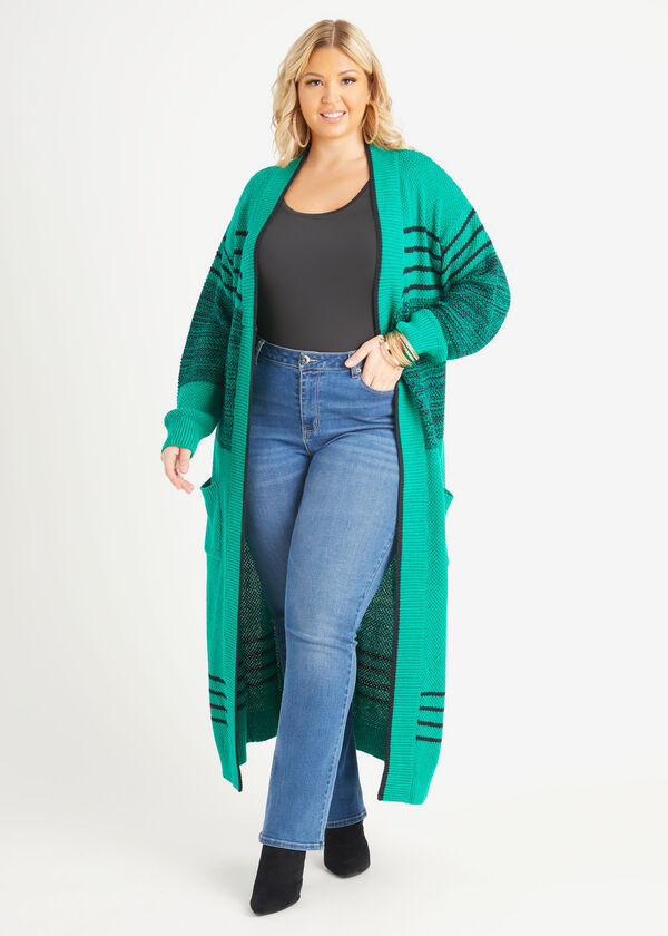 Striped Open Front Cardigan, Pepper Green image number 0