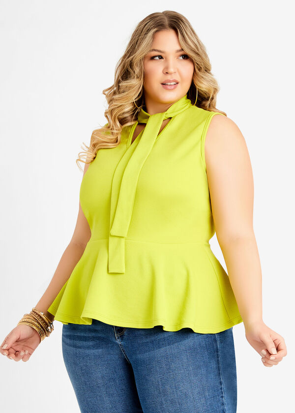 Tie Neck Sleeveless Knit Peplum Top, Bright Chartreuse image number 0