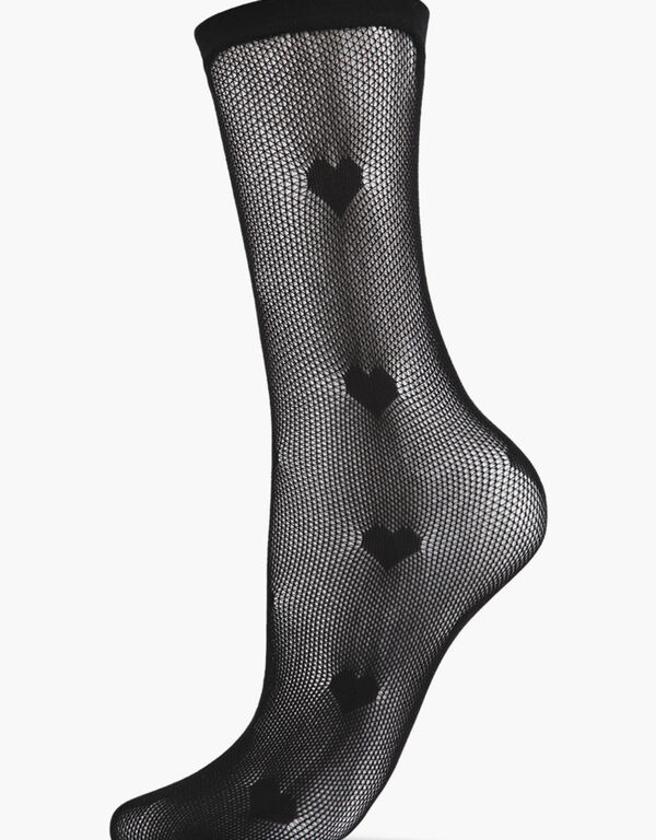 MeMoi Heart Fishnet Crew Socks, Black image number 0