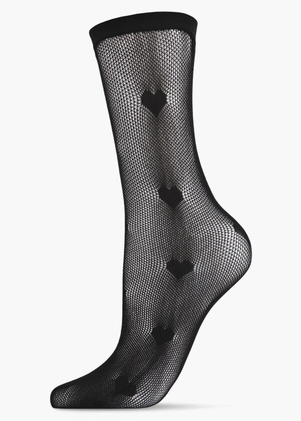 MeMoi Heart Fishnet Crew Socks, Black image number 0