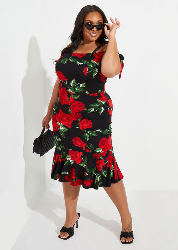Knotted Floral Bodycon Dress, Black Combo image number 0