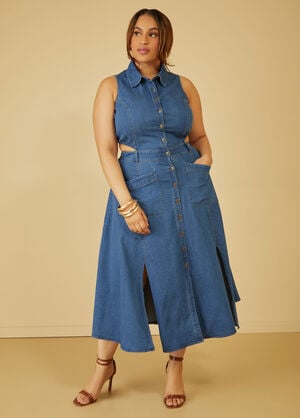 Cutout Denim Maxi Dress, Medium Blue image number 0