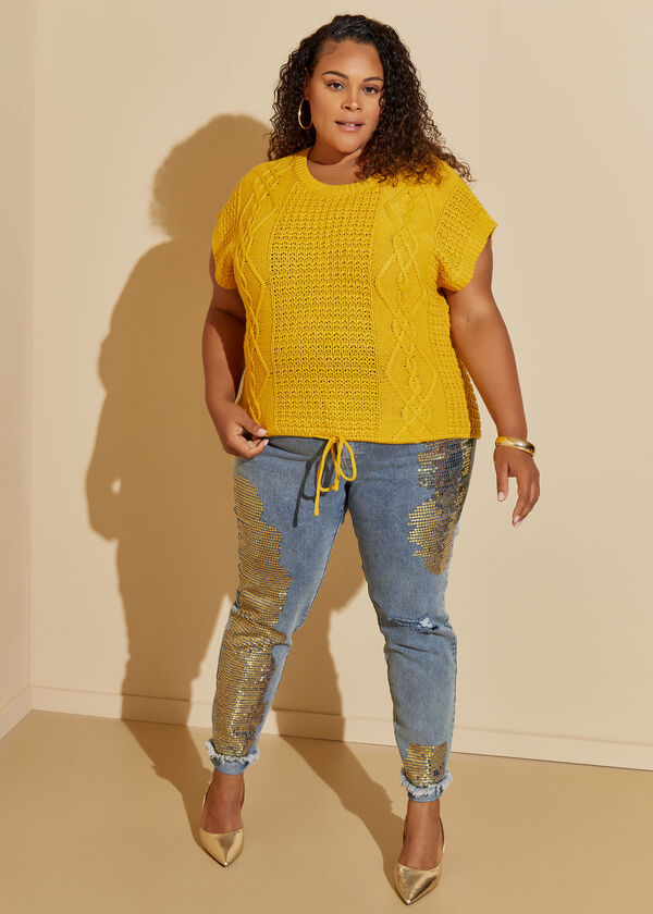 Drawstring Cable Knit Sweater Vest, Spicy Mustard image number 4