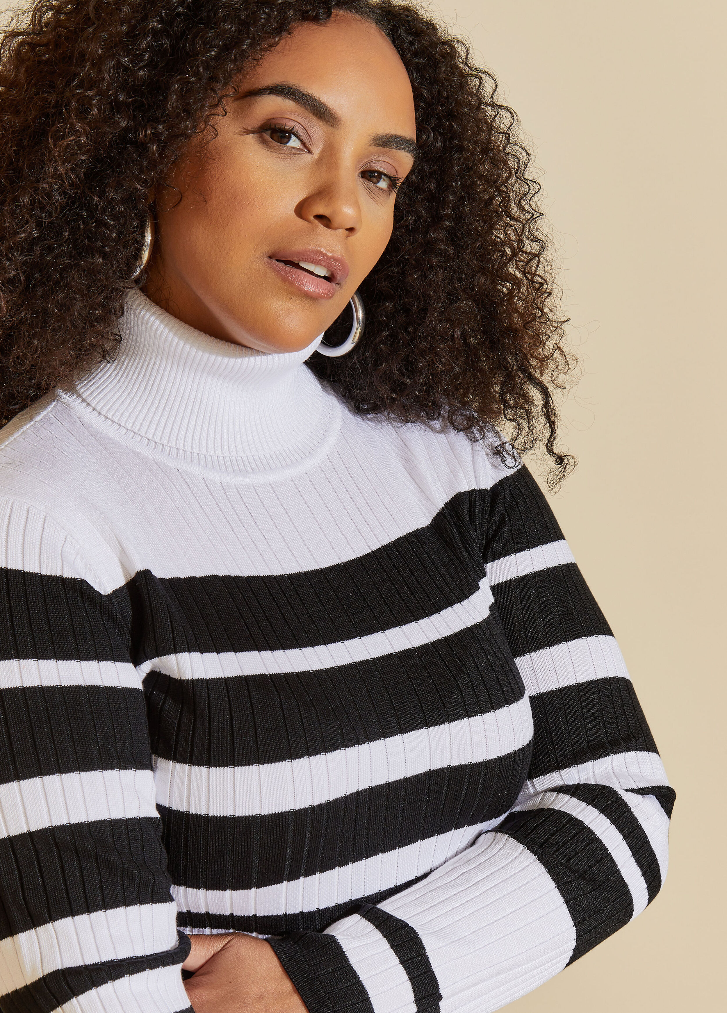 Plus Size Classic Stripe Ribbed Knit Fitted Turtleneck Sweater