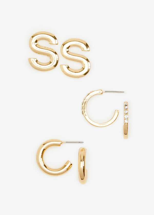 Gold S Initial Studs & Hoops Set, Gold image number 1