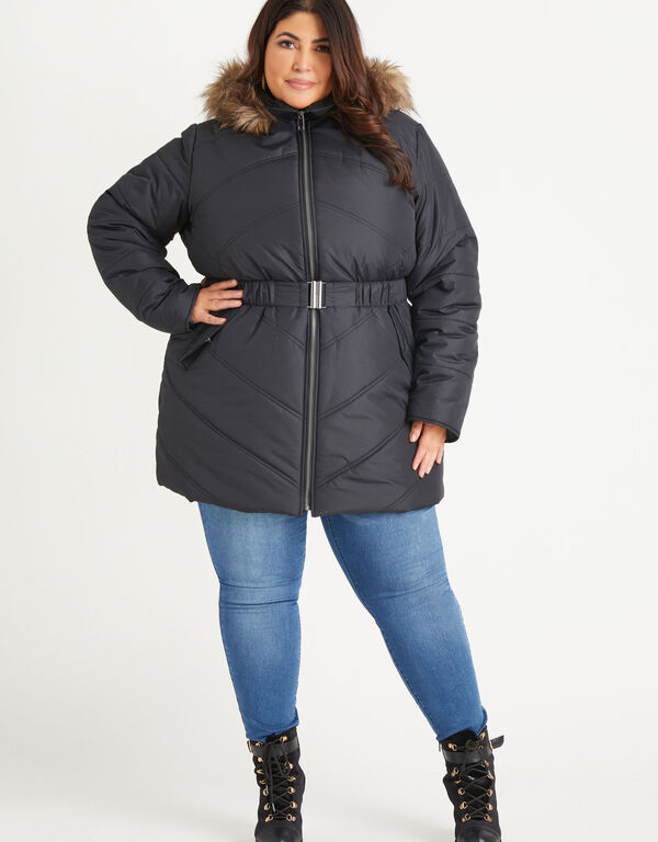 Faux Shearling Trimmed Puffer Coat, Black image number 0