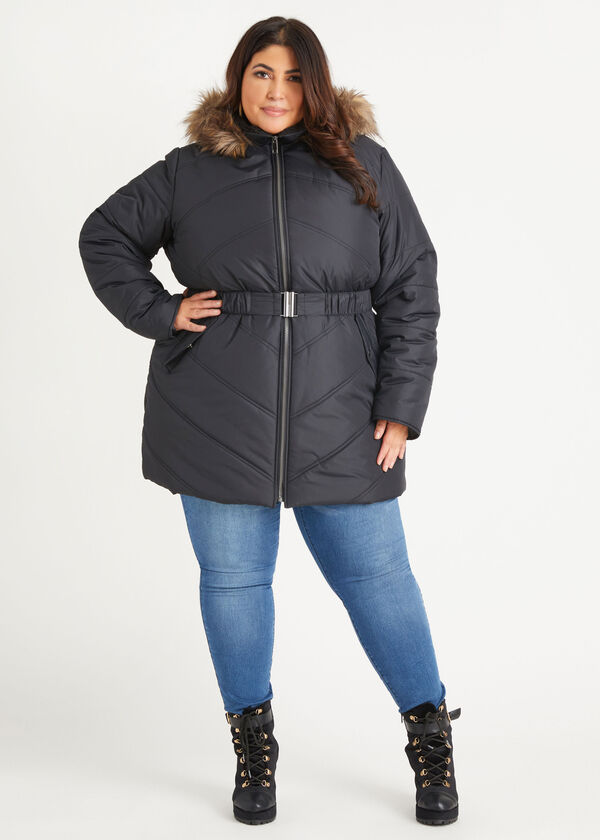 Faux Shearling Trimmed Puffer Coat, Black image number 0