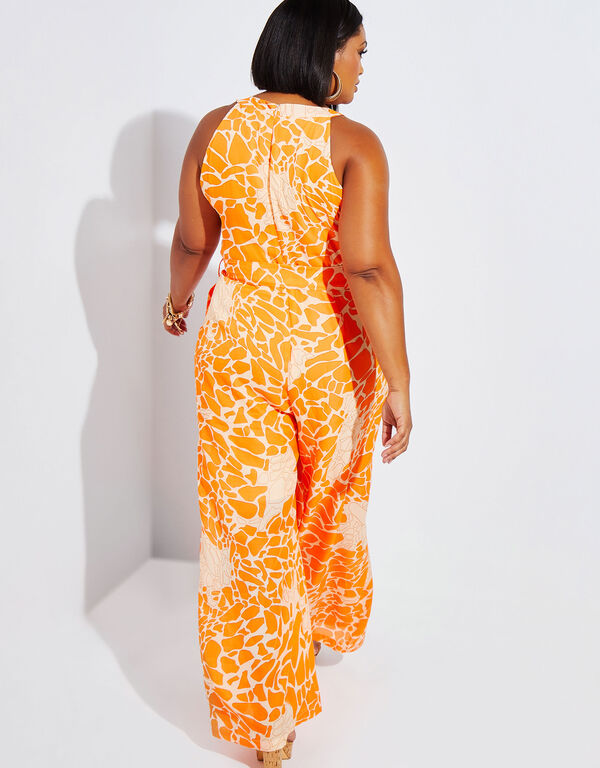Belted Printed Crepe Jumpsuit, Orange image number 1
