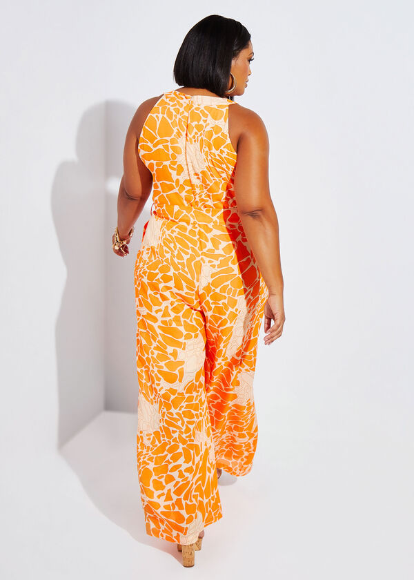 Belted Printed Crepe Jumpsuit, Orange image number 1
