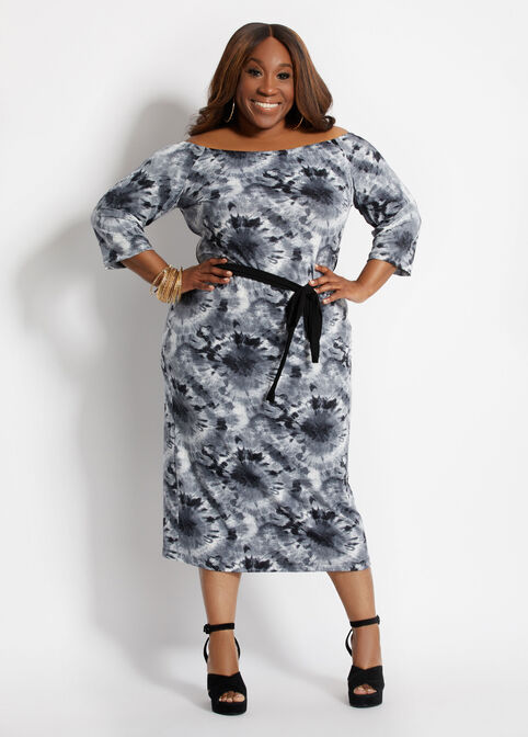 Plus Size Belted Printed Off The Shoulder Bodycon Summer Midi Dress image number 0