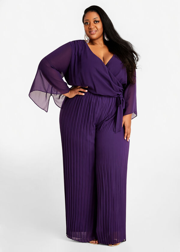 Plus Size Sheer Wrap Pleat Wide Leg Belted Flare Sleeve Sexy Jumpsuit