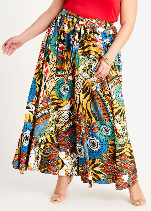 Tie Waist Abstract Print Maxi Skirt, Multi image number 0
