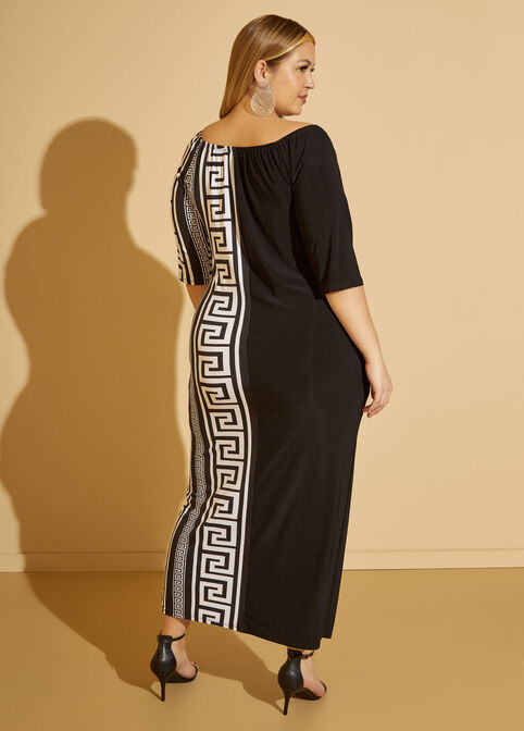 Greek Key Maxi Bodycon Dress, Black White image number 1