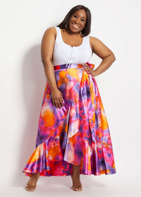Belted Satin Watercolor Maxi Skirt, Beetroot Purple image number 2