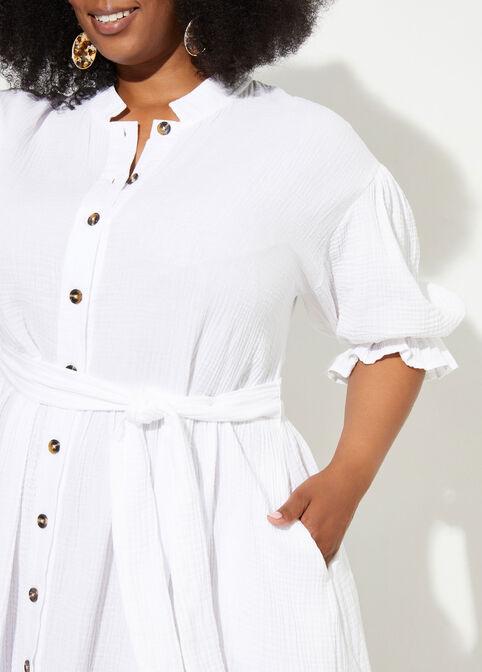 Belted Cotton Gauze Midi Dress, White image number 3