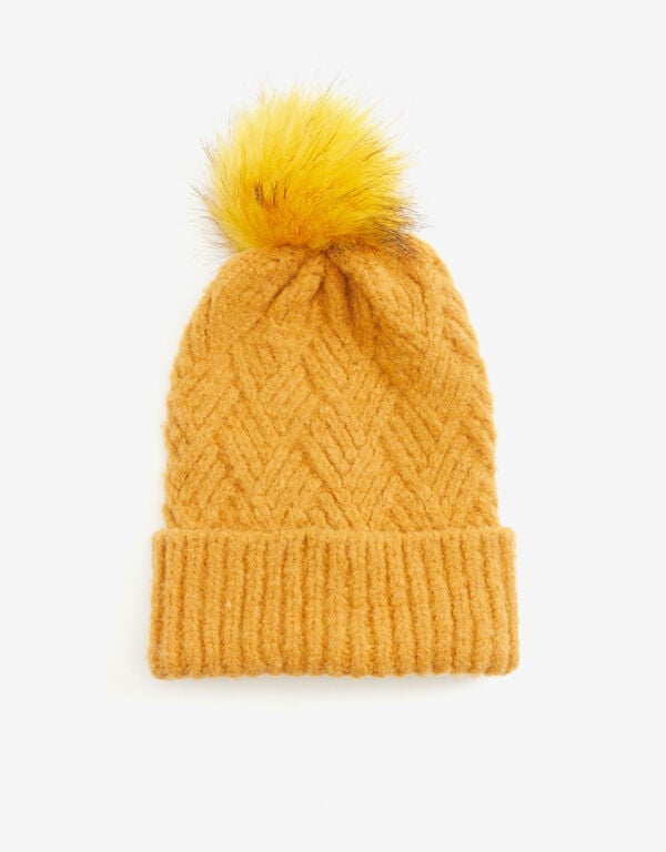Brushed Cable Knit Pom Pom Hat, Nugget Gold image number 0