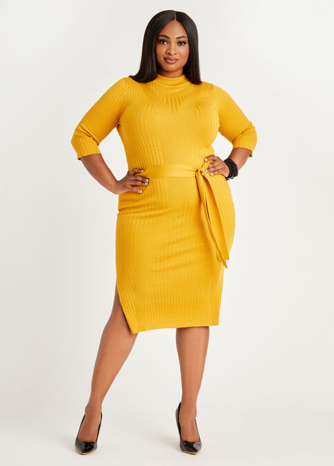 Plus Size Sexy Belted Ribbed Mock Neck Side Slit Bodycon Sweater Dress image number 0