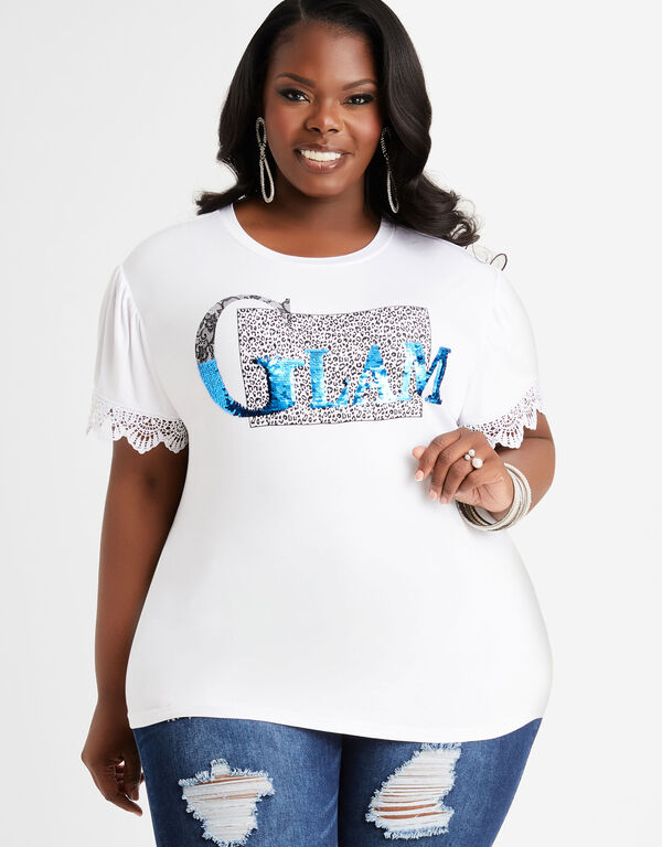 Sequin & Lace Glam Graphic Tee, White image number 0
