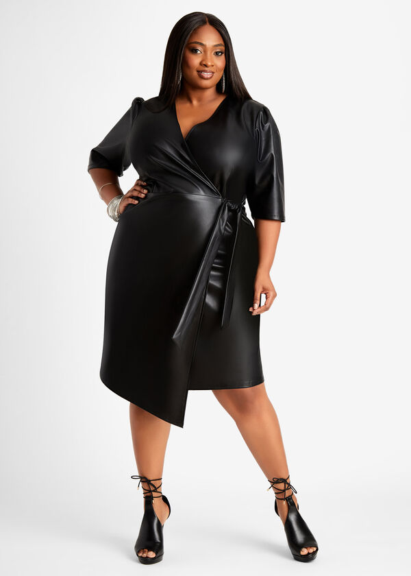 Plus Size Faux Leather Belted Wrap Elbow Sleeve Sexy Midi Dress