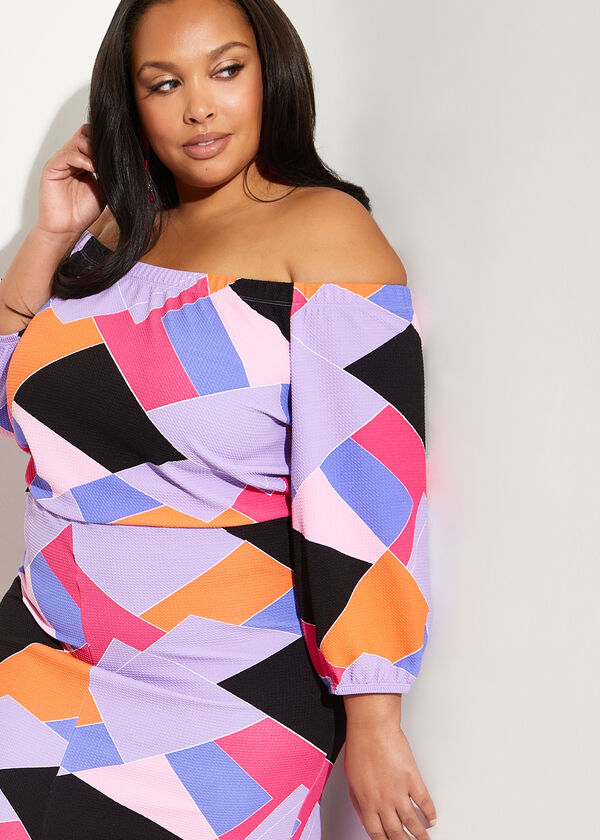 Off The Shoulder Geo Bodycon Dress, Multi image number 2