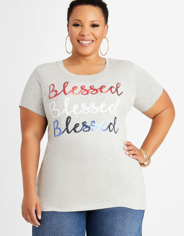Sequin Blessed Americana Tee, Heather Grey image number 0