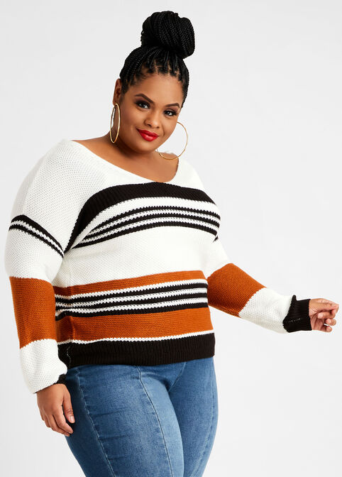 Plus Size Stripe Drop Sleeve Off The Shoulder Cozy Chic Lace Up Sweater image number 0