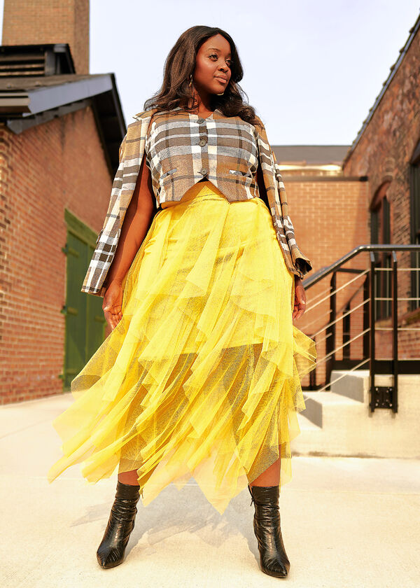 Tiered Tulle Midi Skirt, Spicy Mustard image number 0