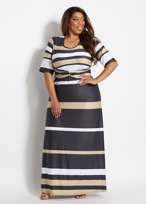 Striped Crossover Waist Maxi Dress, Black Combo image number 0