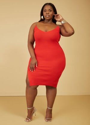 Chain Trimmed Ribbed Bodycon Dress, Red image number 0