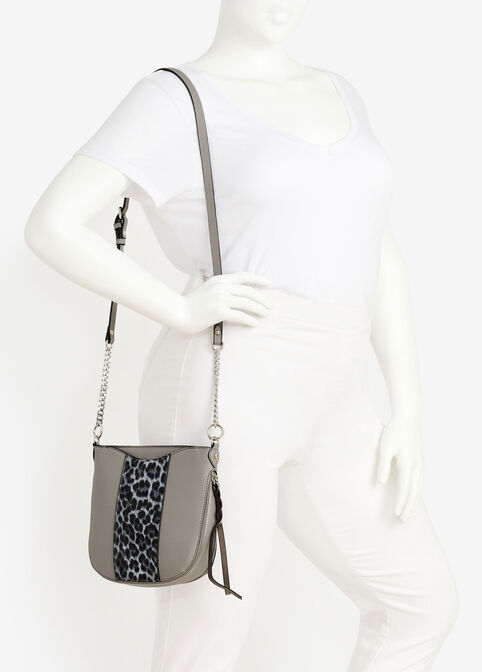 Faux Leather Leopard Trim Bag, Grey image number 3