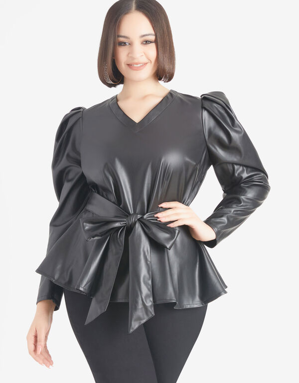 Faux Leather Peplum Top, Black image number 0