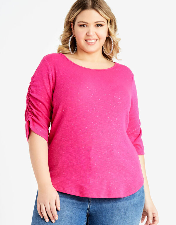 Glitter Knit Ruched Sleeve Top, Beetroot Purple image number 0