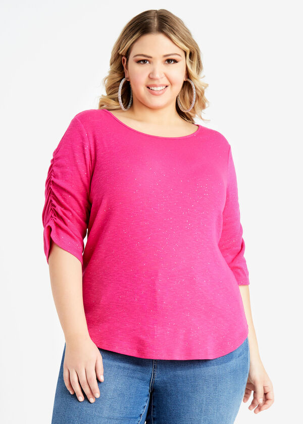 Glitter Knit Ruched Sleeve Top, Beetroot Purple image number 0