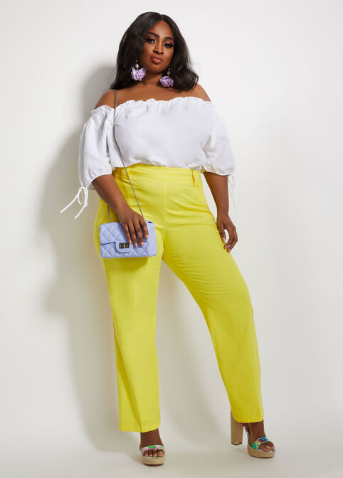 Linen Blend Wide-Leg Pull On Pants, Buttercup image number 3