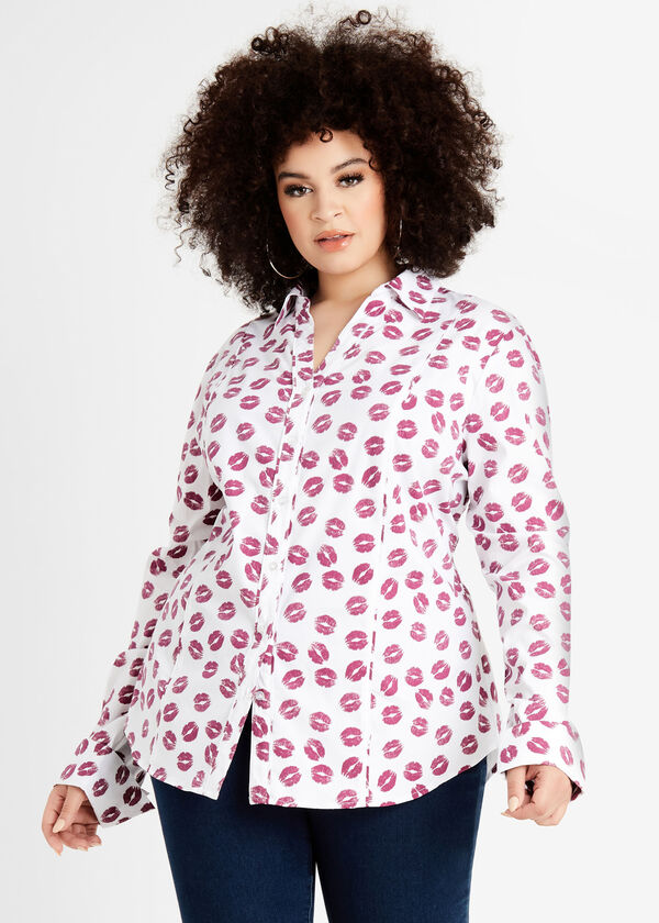 Classic Lips Print Button Up Top, White image number 2
