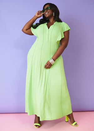 Ruffle Sleeved Seamed Maxi Dress, Jade Lime image number 0