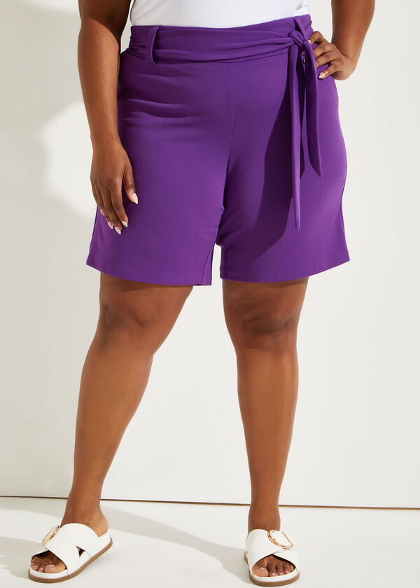 Belted Stretch Crepe Shorts, Purple image number 2