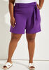 Belted Stretch Crepe Shorts, Purple image number 2