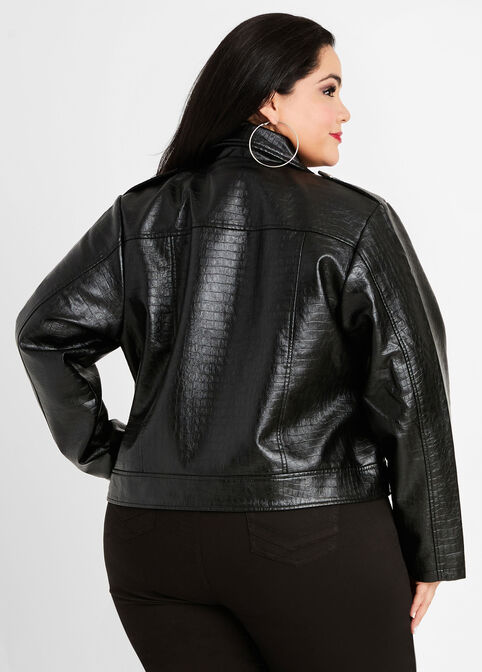 Embossed Faux Leather Moto Jacket, Black image number 1