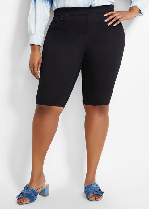 Plus Size Black Stretch Iconic Pull On Denim Bermuda Shorts image number 0