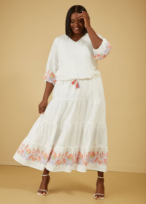 Printed Linen Blend Maxi Skirt, White image number 0