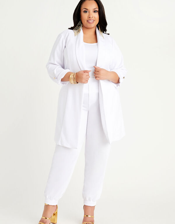 Ruched Sleeve Long Open Blazer, White image number 0